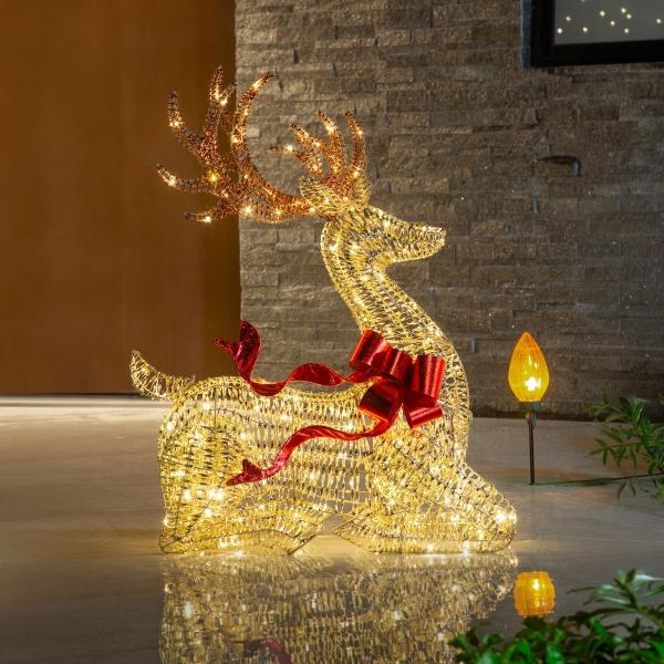 FIGURA NAVIDEÑA RENO SENTADO CHAMPAGNE GLOW CON LUZ LED 106 CM