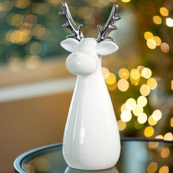 ADORNO PARA MESA NAVIDEÑO RENO MODERNO BLANCO CERÁMICA 35 CM