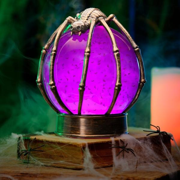 DECORACIÓN HALLOWEEN BOLA DE CRISTAL CON ARAÑA 20 CM CON LUZ LED