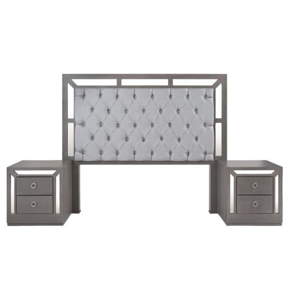 CABECERA KING SIZE DE MADERA INDUSTRIALIZADA GRIS TAPIZADA CON BURÓS PARA RECÁMARA