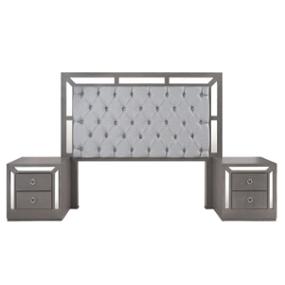 CABECERA KING SIZE DE MADERA INDUSTRIALIZADA GRIS TAPIZADA CON BURÓS PARA RECÁMARA
