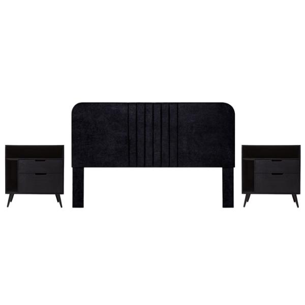CABECERA KING SIZE DE MDF Y TAPIZ NEGRA CON 2 BURÓS PARA RECÁMARA