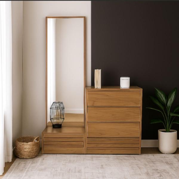 CAJONERA MDF NATURAL 4 CAJONES PARA RECÁMARA CON ESPEJO COMPLETO