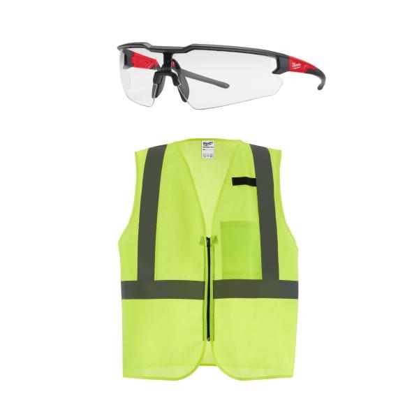 COMBO CHALECO DE SEGURIDAD AMARILLO ANSI CLASE 2 L/XL Y DOS GAFAS ANTIRAYADURAS CLARO Y OSCURO