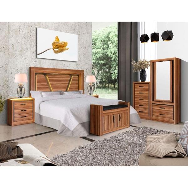 BAÚL - PIE DE CAMA CON 2 COMPARTIMENTOS Y BANCA TAPIZADA COLOR NOGAL - MELAMINA