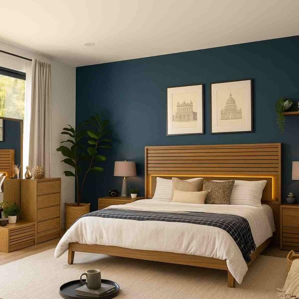 RECAMARA KING SIZE DE 5 PIEZAS CON CABECERA CON LUZ, 2 BUROS, CAJONERA Y ESPEJO NATURAL MADERA IND