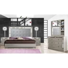 RECAMARA KING SIZE 4 PIEZAS CAB TAPIZADA 2 BUROS TOCADOR CON ESPEJO GRIS MAD INDUSTRIALIZADA