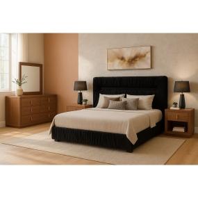 RECÁMARA KING SIZE DE MDF NEGRO Y NOGAL CON CABECERA TAPIZADA ESTILO MODERNO