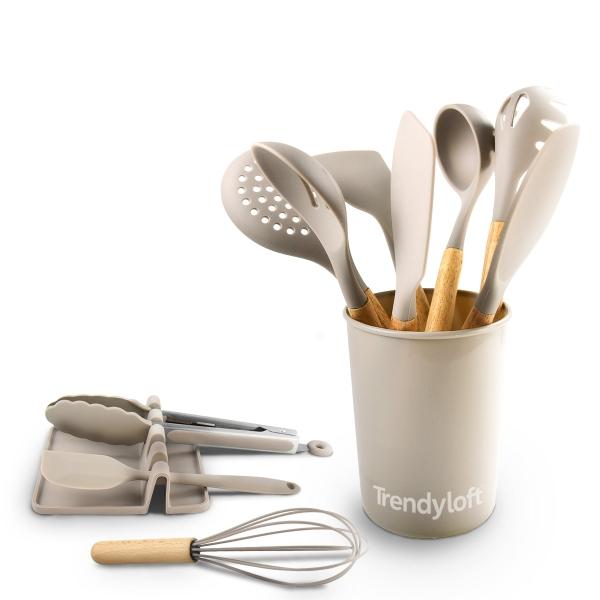 SET DE UTENSILIOS 12 PIEZAS MADERA Y SILICÓN PARA COCINA MADERA NATURAL Y GRIS