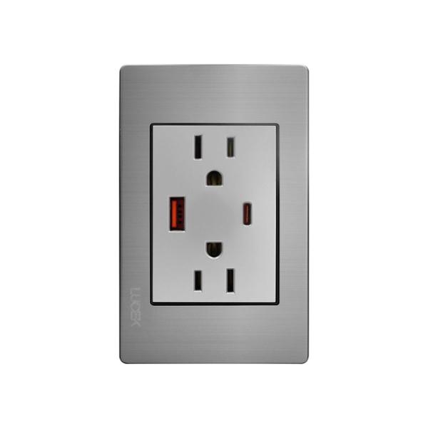 PLACA METALICA CONTACTO DUPLEX, UNA ENTRADA USB Y UNA ENTRADA C DE 3M FAST CHARGE, PLATA.
