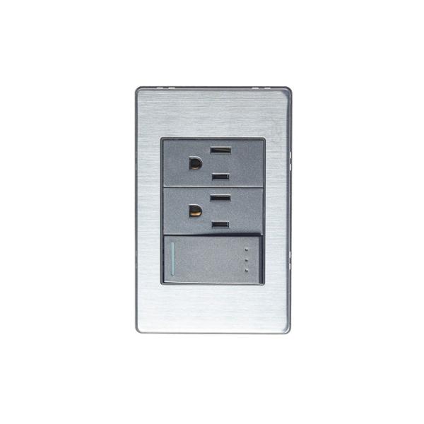 PLACA METALICA CON 1 INTERRUPTOR DE ESCALERA Y 2 CONTACTOS DE 1 MODULO ANODIZADO