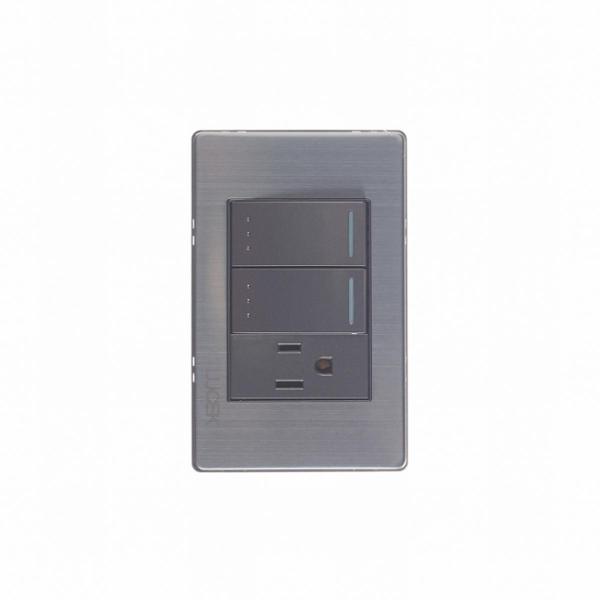 PLACA METÁLICA CON 2 INTERRUPTORES DE ESCALERA Y 1 CONTACTO DE 1 MÓDULO ANODIZADO