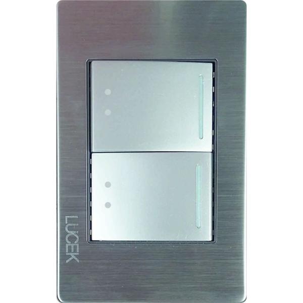 PLACA DECORATIVA CON 2 INTERRUPTORES DE ESCALERA DE 1.5 MÓDULOS DE ACERO INOXIDABLE PLATEADA