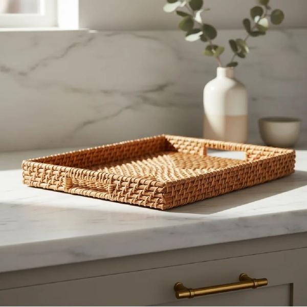 CHAROLA DE SERVICIO DE RATAN MARTHA STEWART 40 CM, DISENO TEJIDO RECTANGULAR, COLOR CAFE