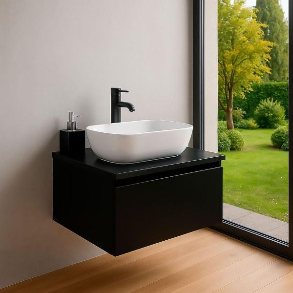 MUEBLE PARA BAÑO ASTRA NEGRO KENT CON LAVABO BLANCO, LLAVE NEGRA Y DESAGÜES LISTO PARA INSTALAR