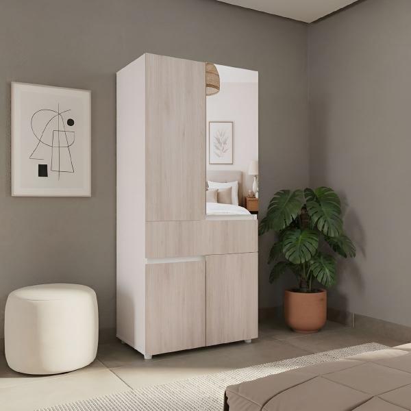 CLÓSET MDP CON MELAMINA MODULAR 180 X 80 X 50 CM BEIGE CON ESPEJO Y 1 CAJÓN Y 4 PUERTAS