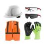 COMBO DE CASCO ALA DELANTERA CON DOS LENTES, GUANTES TALLA M Y CHALECO NARANJA TALLA L