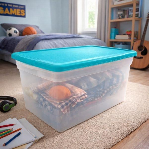 CAJA ORGANIZADORA TRANSPARENTE 53 L PLÁSTICO TAPA TURQUESA CON CIERRE A PRESIÓN