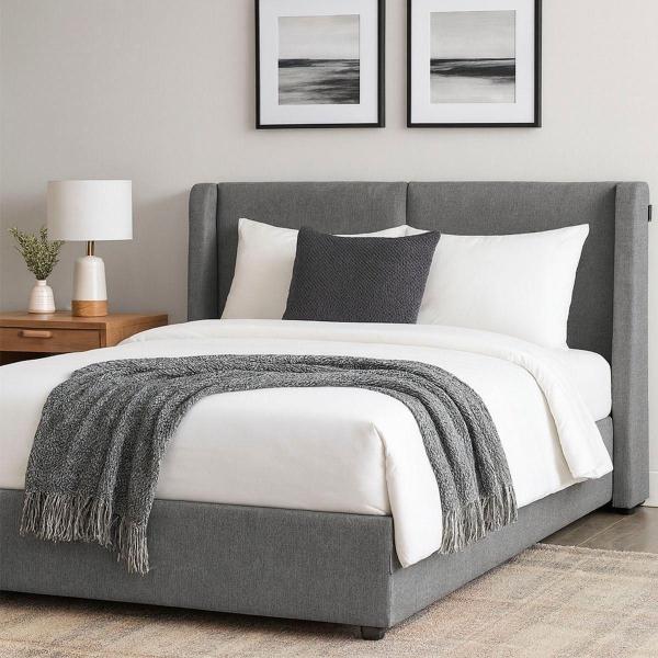 CABECERA QUEEN SIZE DICASA MILAN COLOR GRIS + BASE CAMA + COLCHÓN RESTONIC ROLL