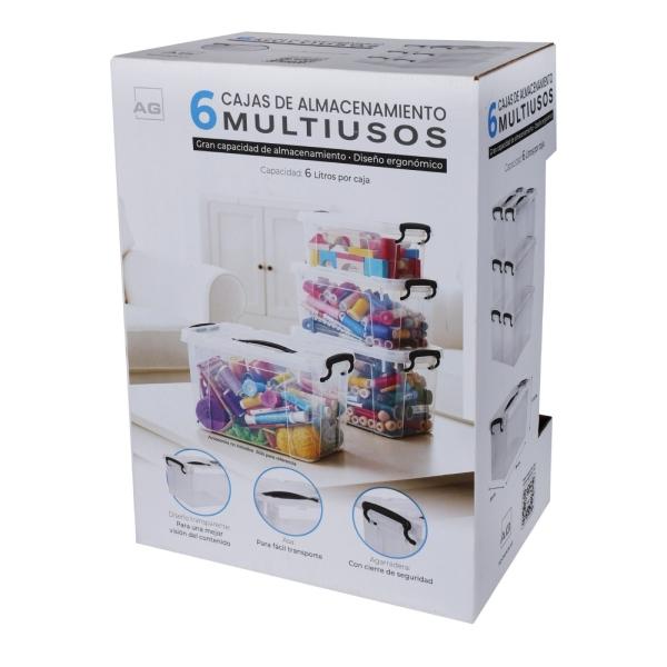 SET CAJAS ORGANIZADORAS TRANSPARENTE 6 L PET TAPA CON BROCHE