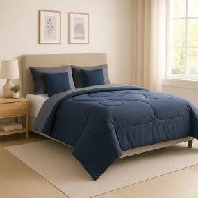 COMBO DICASA QUEEN SIZE EDREDON COUZY AZUL MARINO-GRIS + SABANAS SOFTY PLATINO