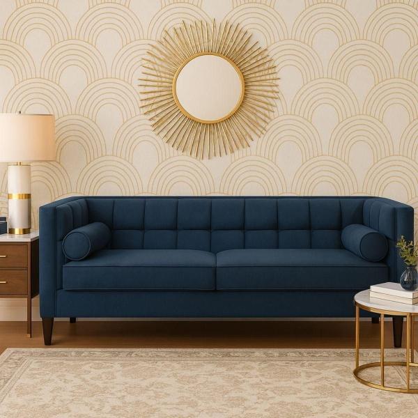 SOFÁ MADISON TELA CHENILLE 210 CM AZUL MARINO CON COJINES
