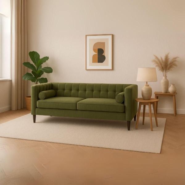 SOFÁ 3 PLAZAS LÍNEA MADISON TELA CHENILLE 210 X 86 X 75 CM VERDE GRASS CON COJINES