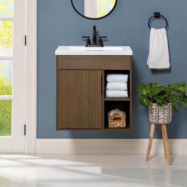 GABINETE PARA BAÑO DE EMPOTRAR LEIRO 24" NOGAL EN TERMOFORMADO CON LAVABO BLANCO