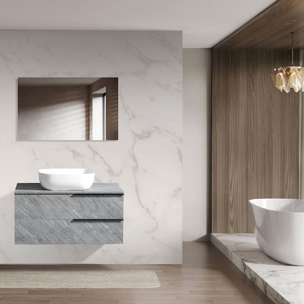 MUEBLE PARA BAÑO FLOTANTE 28" GRIS PVC CON OVALÍN Y ESPEJO