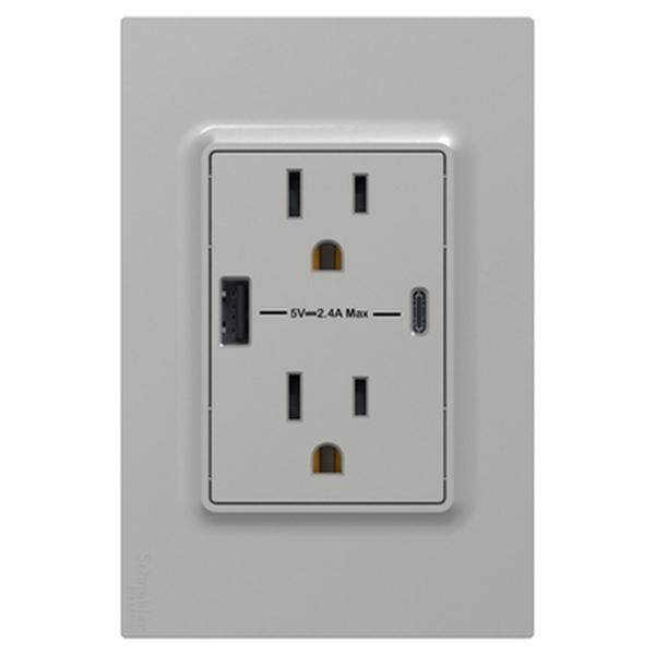 TOMA CORRIENTE DUPLEX US 2P+T 15A+2 USB A+C COLOR ALUMINIO