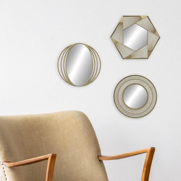 SET DE ESPEJOS 3 PIEZAS MIX CON MARCO DE PLÁSTICO DORADO 25 X 25 CM DE PARED MODERNO