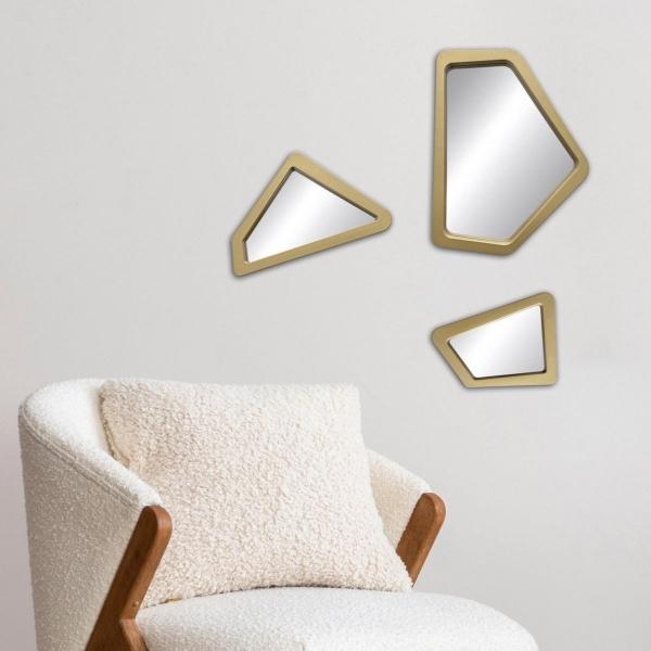 SET DE ESPEJOS 3 PIEZAS GEOMÉTRICOS CON MARCO DE PLÁSTICO DORADO 25 X 33.5 CM DECORATIVO MODERNO