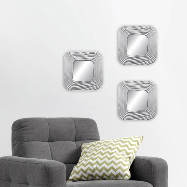 SET DE ESPEJOS 3 PIEZAS CUADRADOS CON MARCO DE PLÁSTICO PLATA 25 X 25 CM DECORATIVO MODERNO