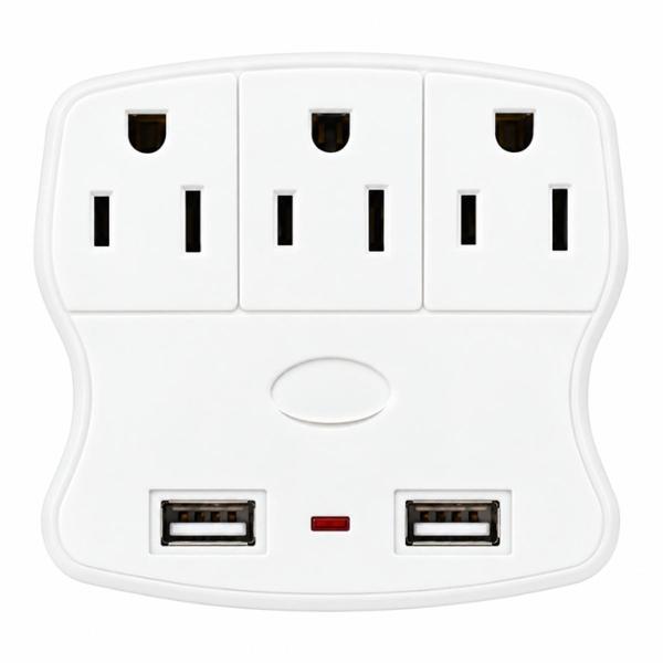 MULTICONTACTO DE PARED CON 3 CONTACTOS AC Y 2 PUERTOS USB DE PLÁSTICO RESISTENTE BLANCO