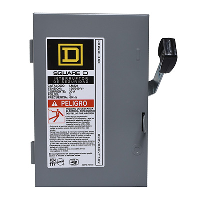 INTERRUPTOR DE SEGURIDAD DE 2 POLOS 30 A ,120 V/240 V NEMA 1 CON PORTAFUSIBLES LM221