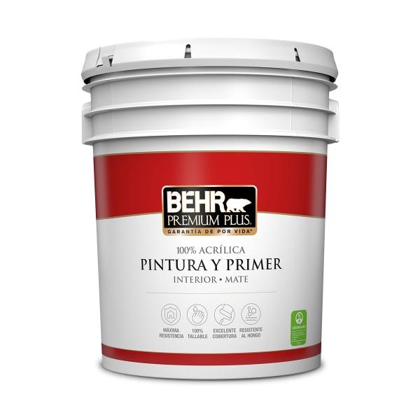 PINTURA 100% ACRÍLICA PARA INTERIOR BEHR PREMIUM PLUS 18.9 L MATE BASE BLANCO ULTRA PURO
