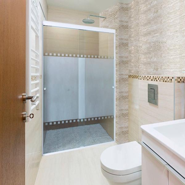 CANCEL PARA BAÑO CORREDIZO DOBLE PERFIL BLANCO VIDRIO ESMERILADO MEDIEVAL 111-115 X 187 CM ALUMINIO