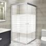 CANCEL PARA BAÑO ESQUINERO CORREDIZO CUADRADO VIDRIO ESMERILADO FRANJAS 2.4 X 1.87 M ALUMINIO
