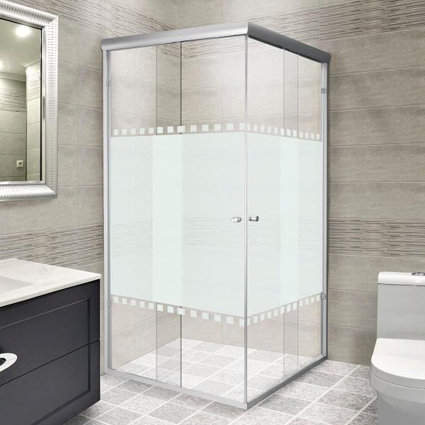 CANCEL PARA BAÑO ESQUINERO CORREDIZO CUADRADO VIDRIO ESMERILADO MEDIEVAL 200 X 187 CM ALUMINIO