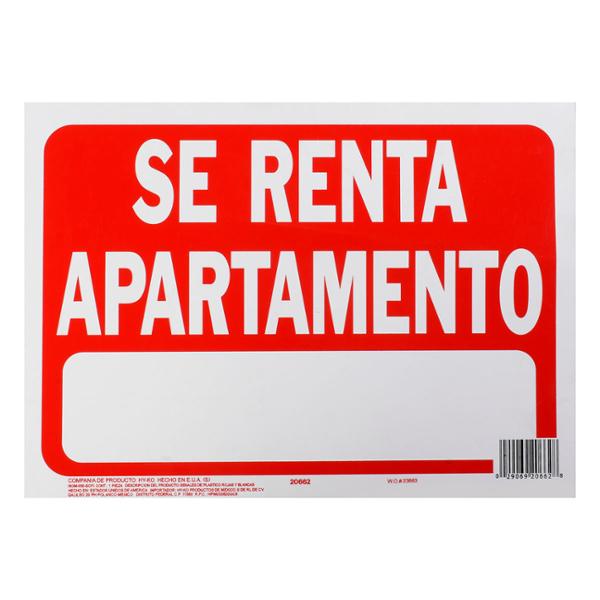 LETRERO DE PLÁSTICO PARA PARED SE RENTA APARTAMENTO 21.6 X 30.4 CM