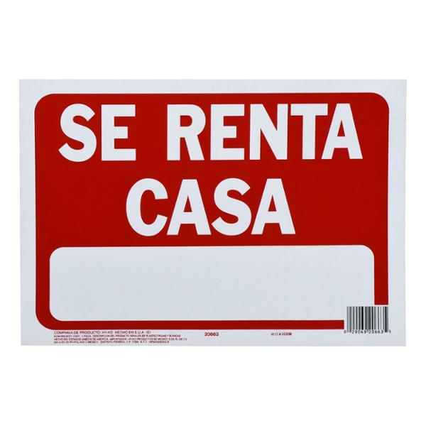 LETRERO DE PLÁSTICO PARA PARED SE RENTA CASA 21.5 X 30.5 CM