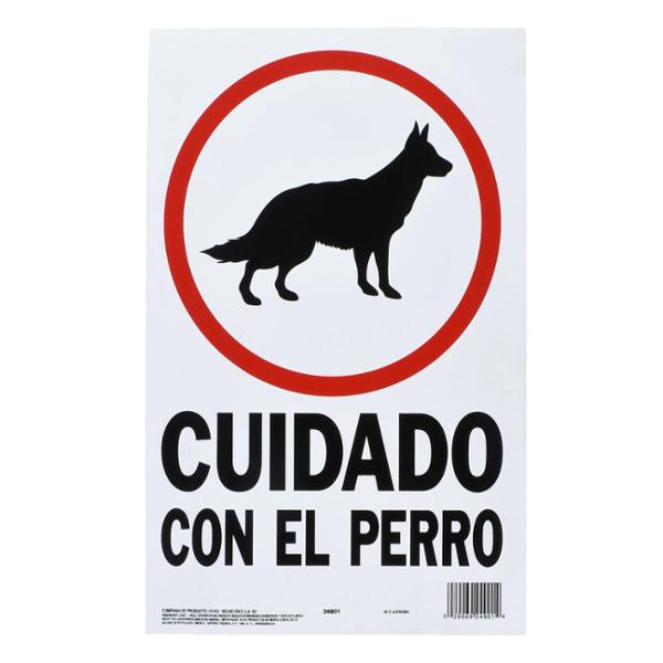 LETRERO CUIDADO CON EL PERRO DE 35.3 X 22.5 CM BLANCO