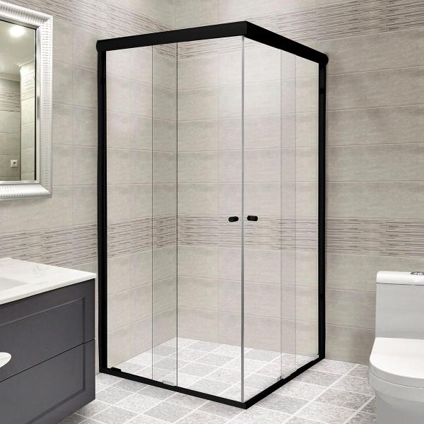 CANCEL PARA BAÑO ESQUINERO PERFIL NEGRO VIDRIO TRANSPARENTE 200 X 187 CM ALUMINIO