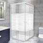 CANCEL PARA BAÑO ESQUINERO PERFIL BLANCO VIDRIO ESMERILADO FRANJAS 240 X 187 CM ALUMINIO