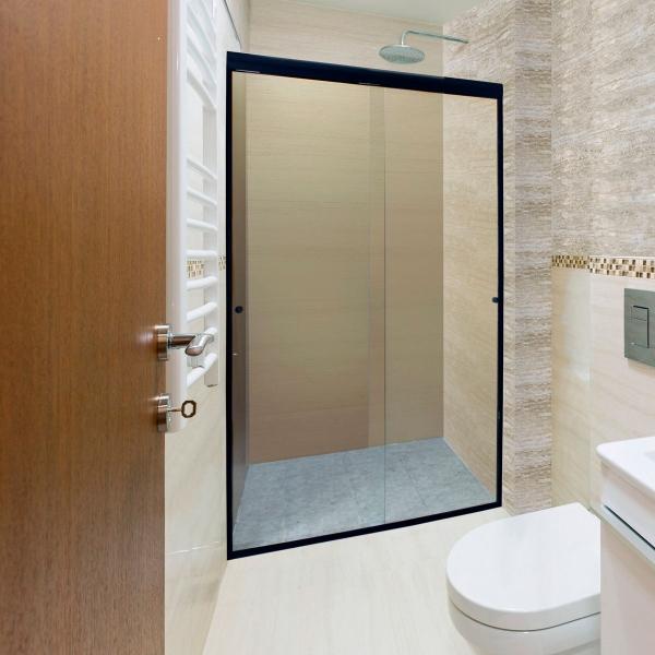 CANCEL PARA BAÑO CORREDIZO DOBLE PERFIL NEGRO VIDRIO TRANSPARENTE 150 X 187 CM ALUMINIO