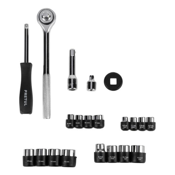 JUEGO DE DADOS Y MATRACA 21 PIEZAS CUADRO 3/8" METRICO Y SAE ACERO AL CARBONO