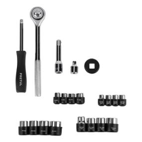 JUEGO DE DADOS Y MATRACA 21 PIEZAS CUADRO 3/8" METRICO Y SAE ACERO AL CARBONO