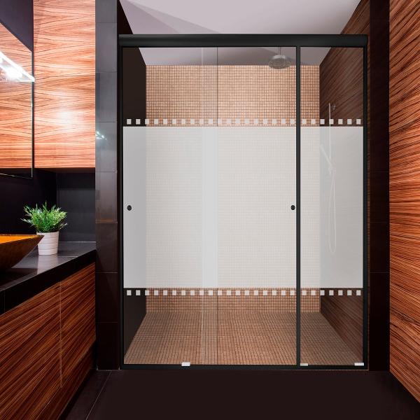 CANCEL PARA BAÑO CORREDIZO PERFIL NEGRO VIDRIO ESMERILADO MEDIEVAL 161 A 165 X 187 CM ALUMINIO